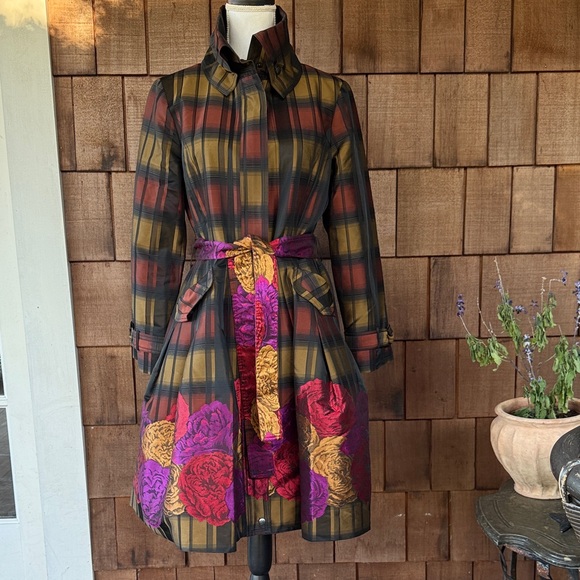 Samuel Dong Classic Bubble Dress Trench Coat in Plaid Floral Brocade Small - Picture 1 of 11